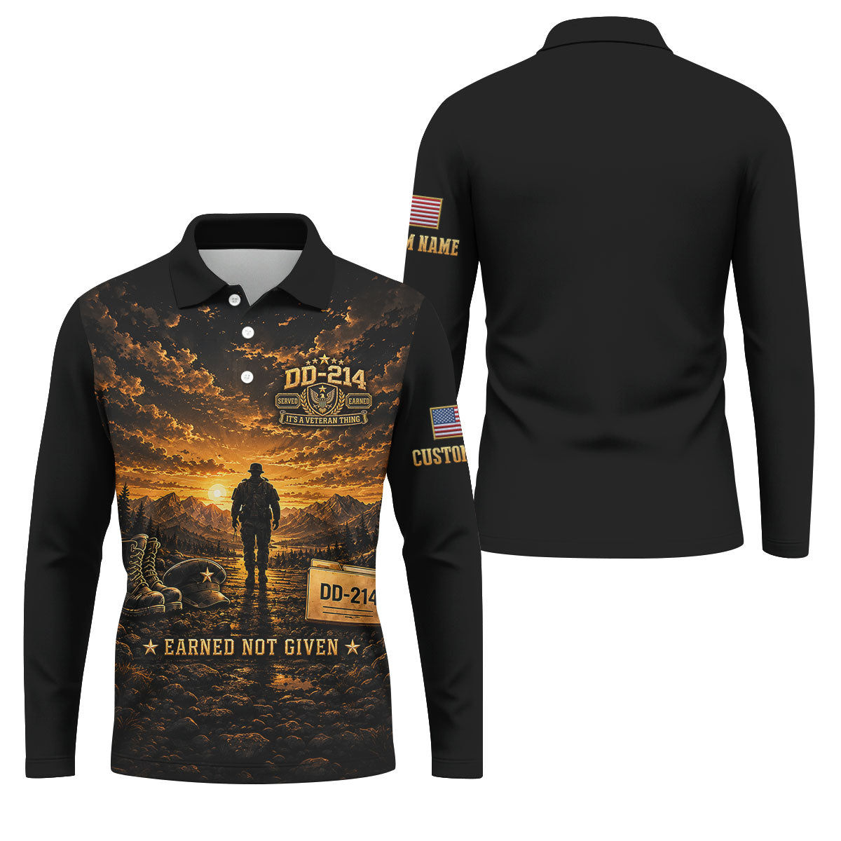 Custom DD-214 Sunset Soldier Golf Polo Shirt, Veterans Day Shirt, Mens Golf Shirts