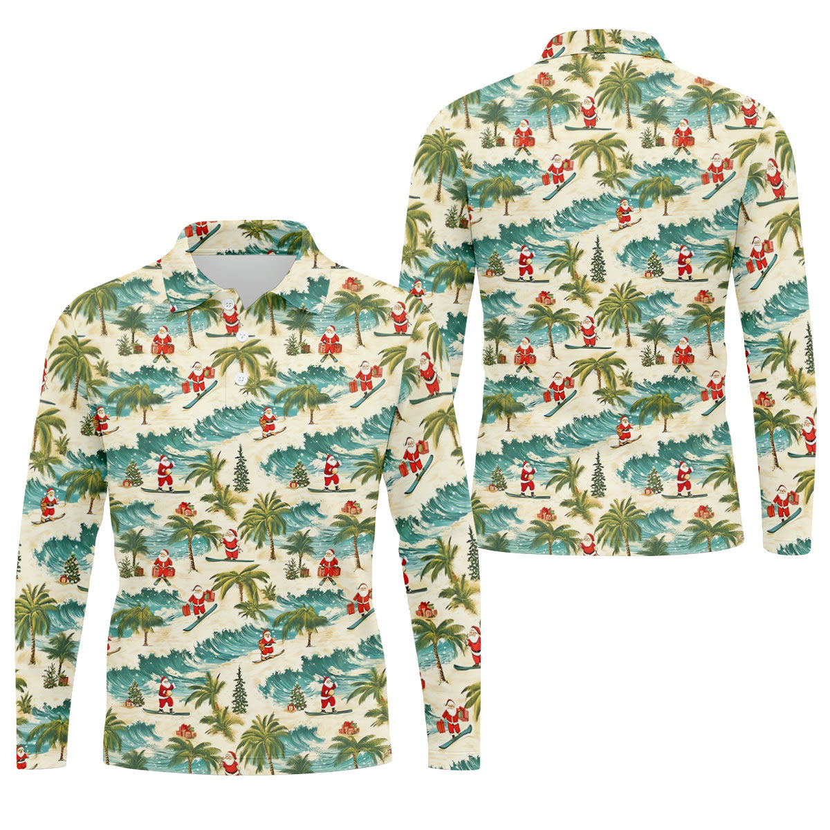 Christmas Santa Surfing Tropical Hawaiian Golf Shirt, Golf Shirts For Men, Printed Golf Shirts