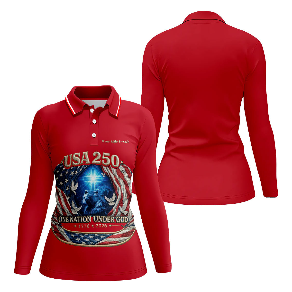 One Nation Under God Faith Cross USA 250 Red Golf Shirt, 4th Of July Golf Shirt For Women