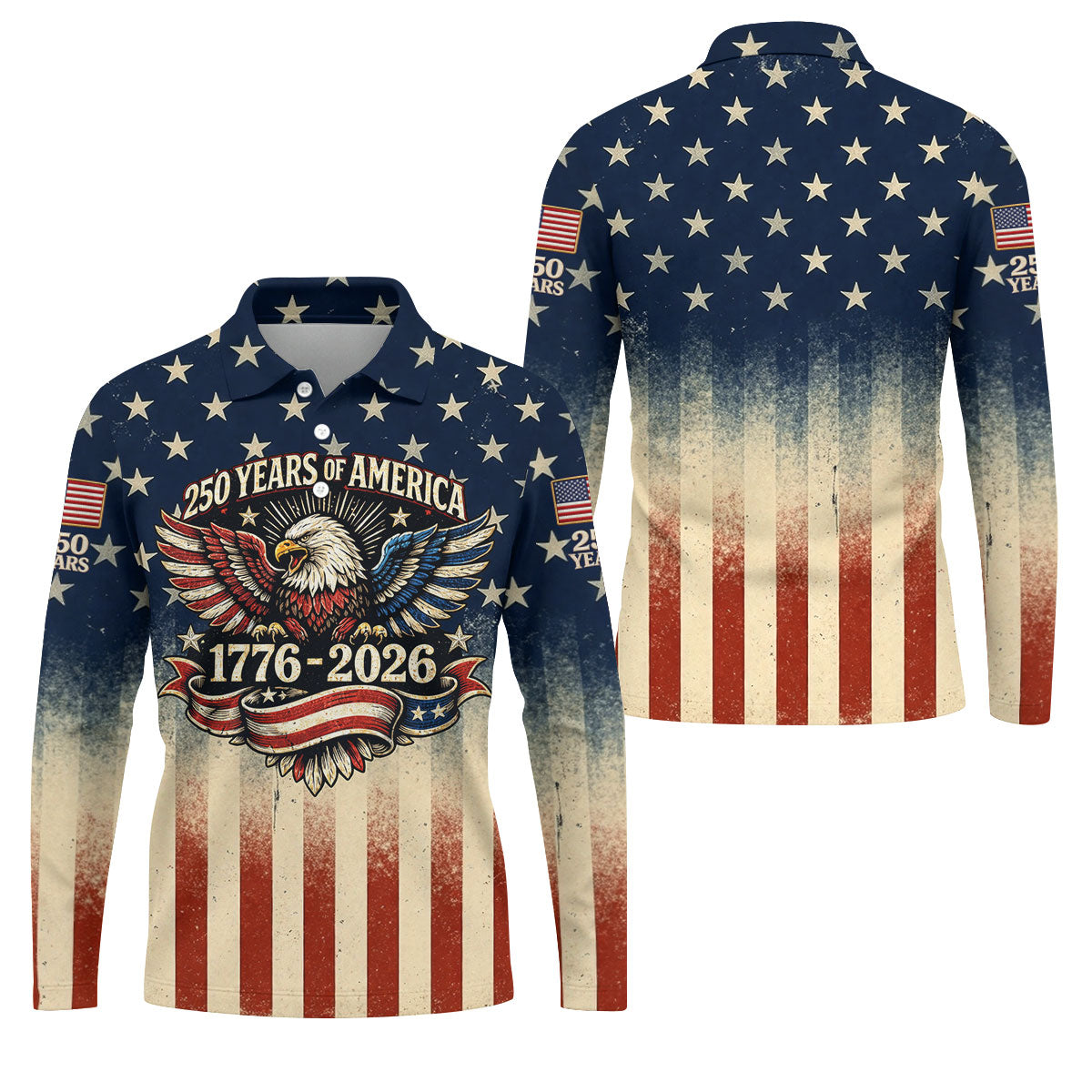 250 Years Bald Eagle US Flag Retro Golf Shirt, Patriotic 4th Of July Golf Shirts For Men