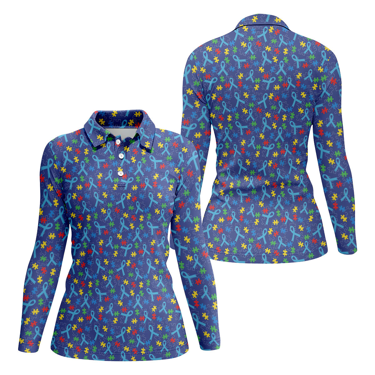 Autism Puzzle Ribbon Pattern Women's Golf Tops, Autism Awareness Color Ladies Golf Polos