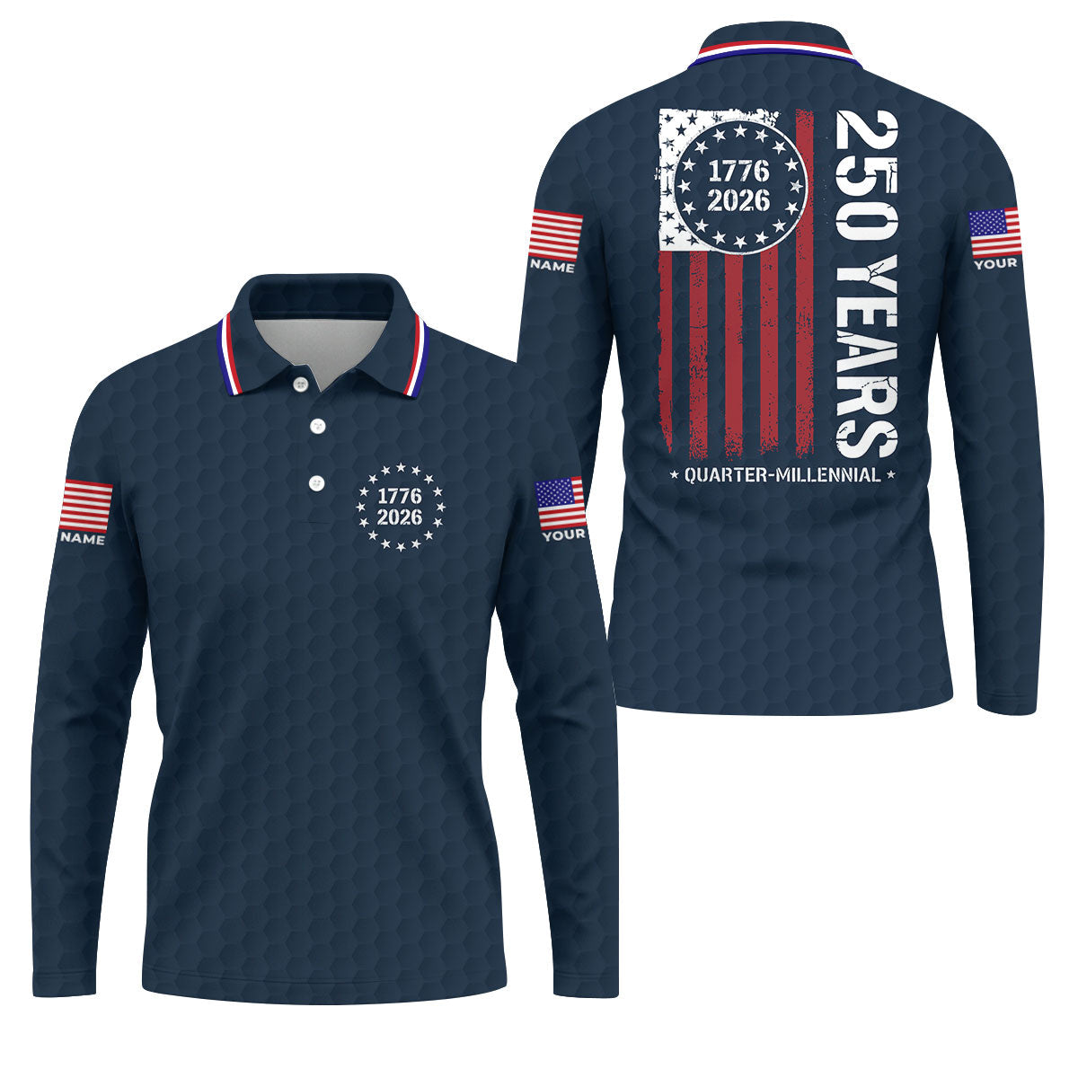 250 Years Quarter Millennnial Golf Ball Pattern Navy Patriotic Golf Shirt, 4th Of July Golf Shirts For Men