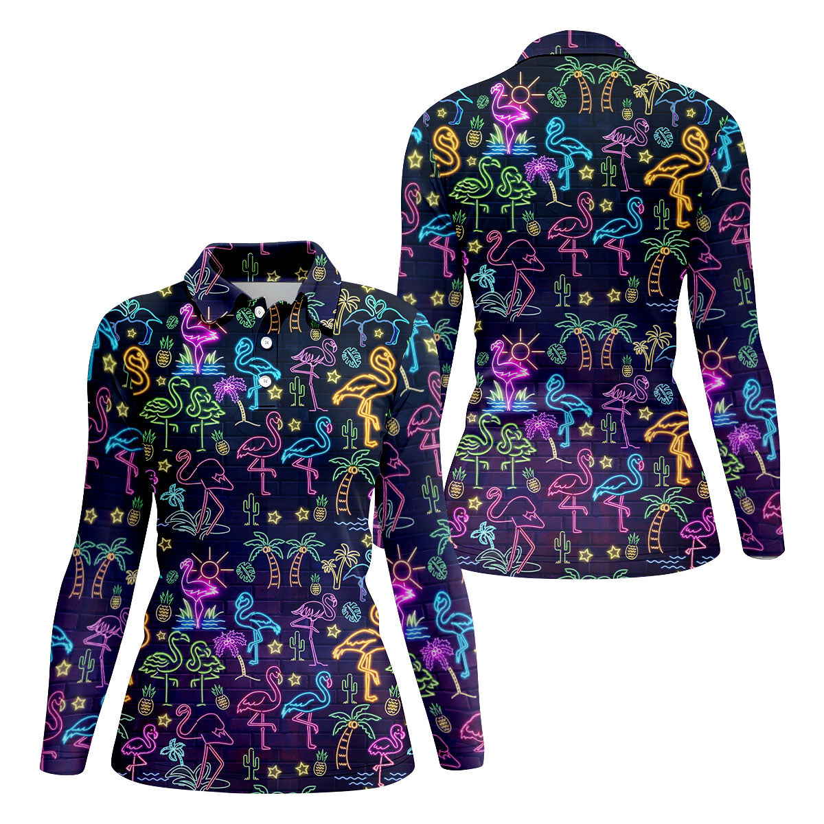 Neon Flamingo Tropical Night Golf Shirt, Women’s Golf Polo, Hawaiian Golf Shirt, Ladies Golf Tops