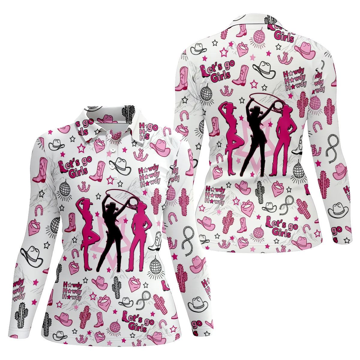 Pink Black Three Cowgirls Western Golf Polo Shirt, Women's Golf Polo, Ladies Golf Tops