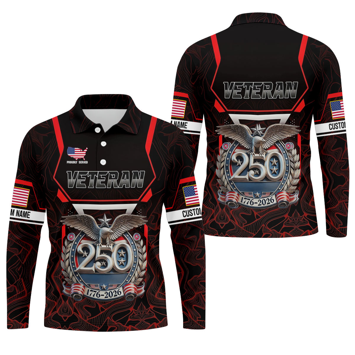 Personalized Veteran America 250 Polo Shirt Red Accent, Printed Golf Shirts, Golf Shirts For Men