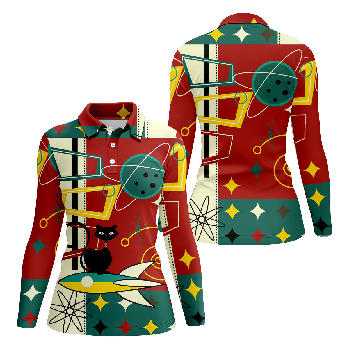 Geometric Abstraction Atomic Cat Hawaiian Golf Shirt, Retro Golf Shirt, Women's Golf Tops