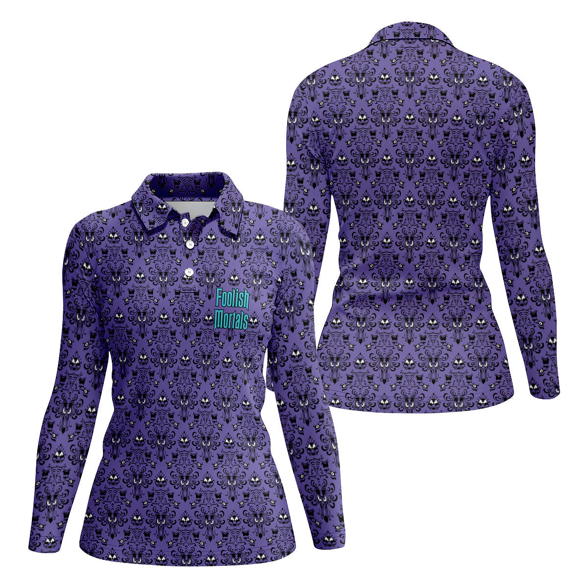 Foolish Mortals Haunted Pattern Golf Polo Shirt, Women's Halloween Shirt, Womens Golf Tops