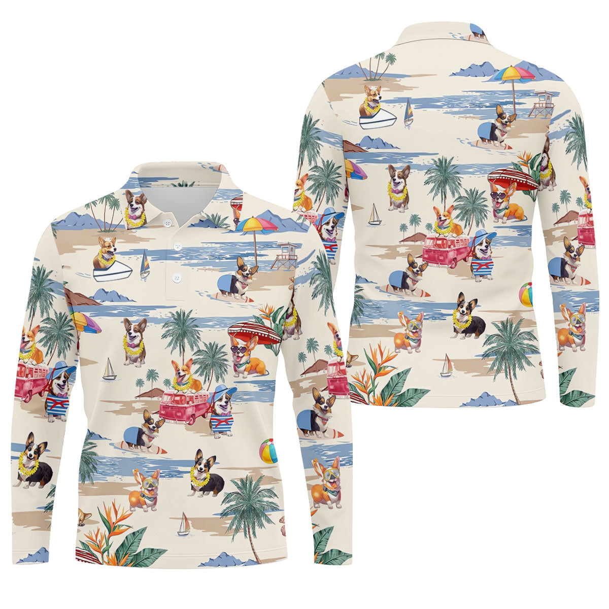 Cute Corgi Beach Vacation Golf Polo Shirt, Golf Polo Shirts For Men, Mens Golf Apparel