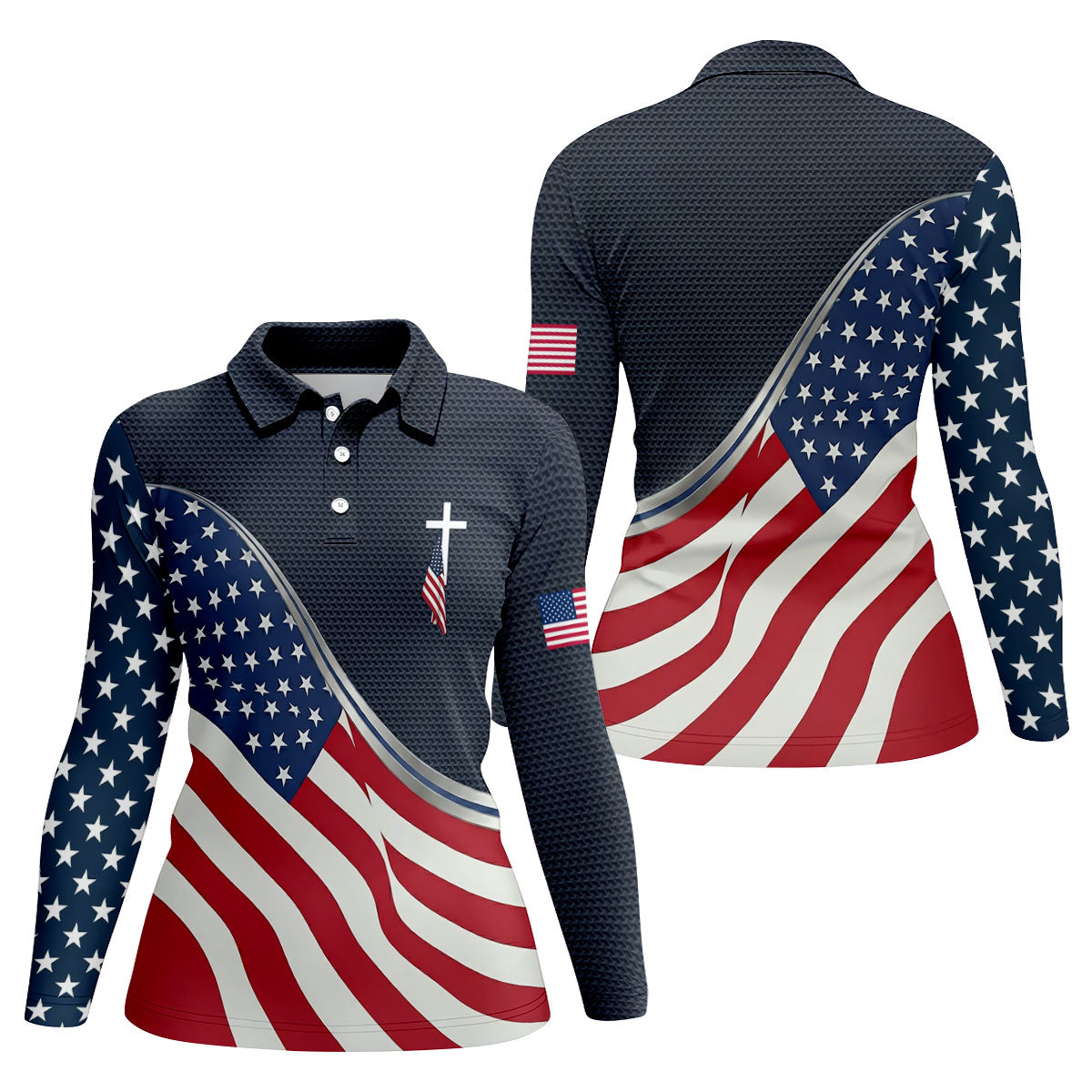 Christian American Flag Cross Golf Polo Shirt, Women's Golf Polo, Golf Tops For Women