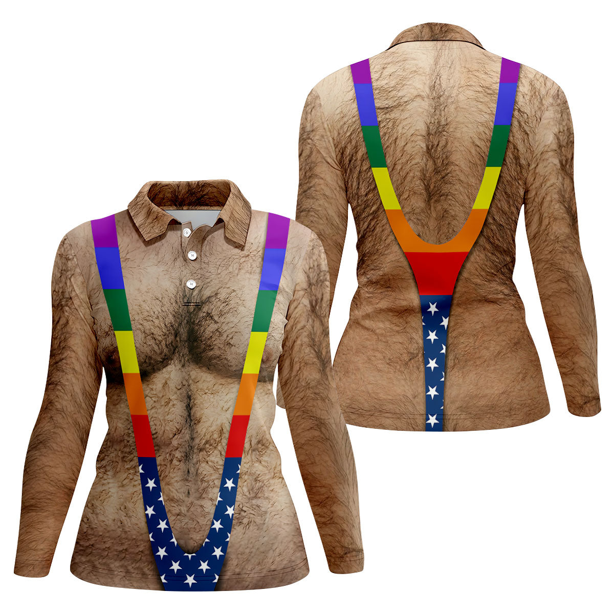 Funny Hairy Chest Rainbow Suspenders Golf Polo, Golf Shirts For Women, Women's Golf Apparel