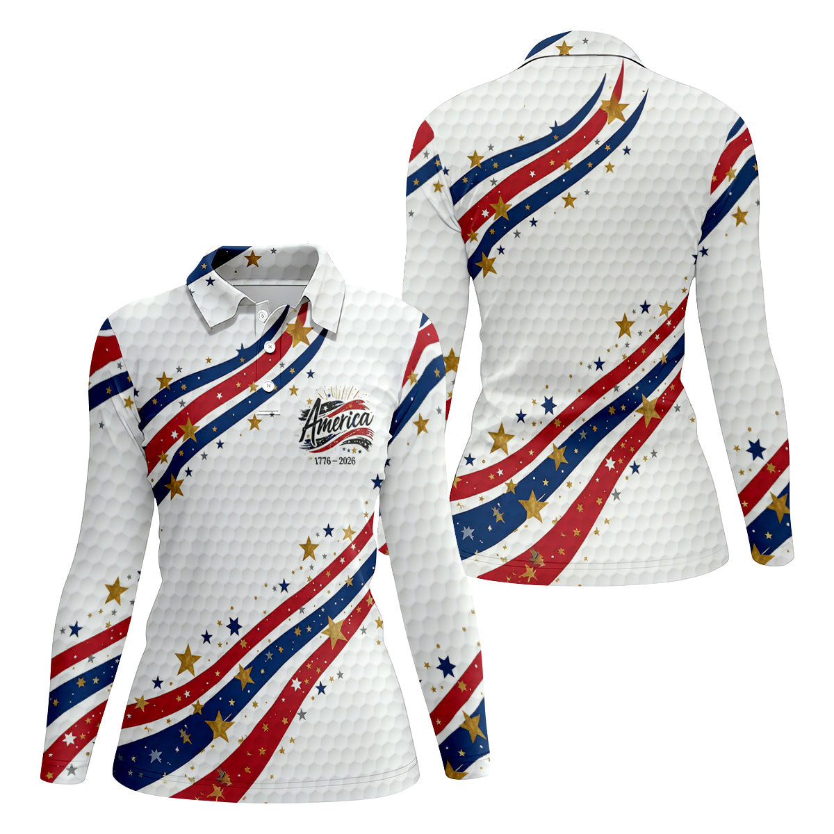 Red White Blue Wavy Stripes Golf Ball Pattern Patriotic Golf Shirt, 250th Anniversary Golf Shirt For Women