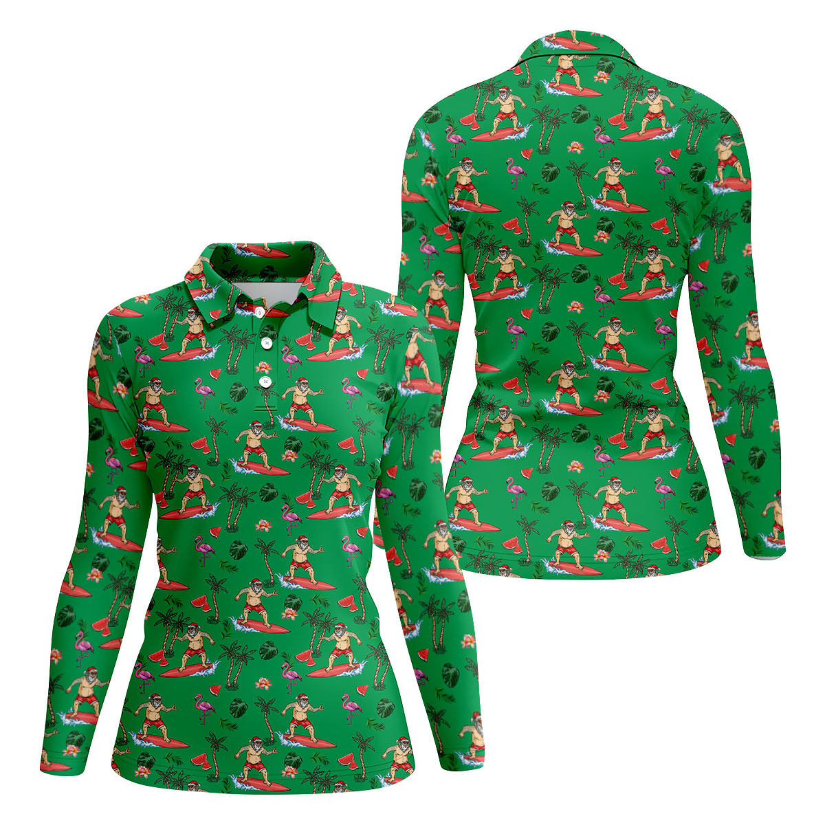 Surfing Santa Tropical Beach Golf Polo Shirt, Christmas Golf Shirt, Women’s Golf Apparel, Golf Polo For Women