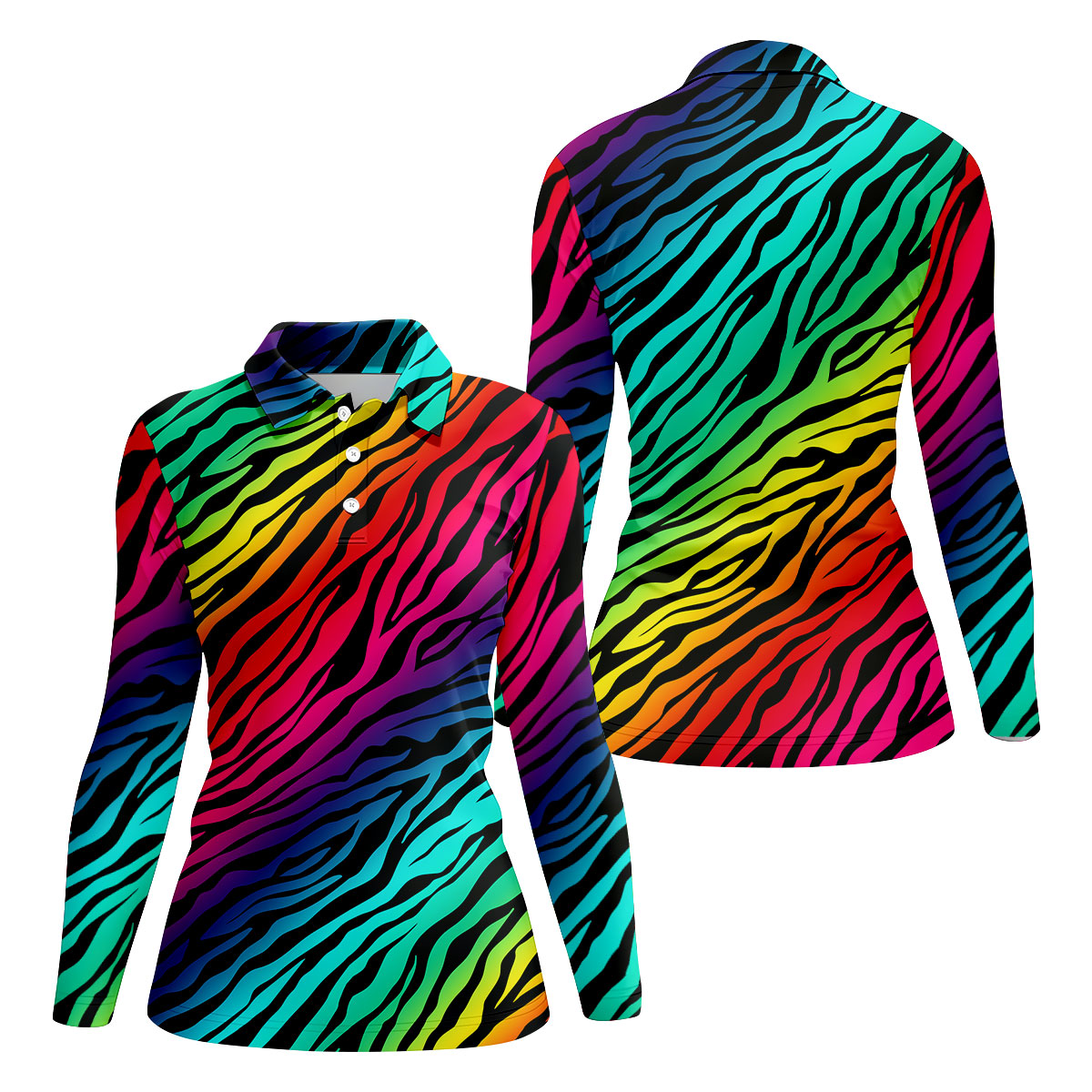 Rainbow Gradient LGBT Support Zebra Pattern Ladies Golf Tops, Pride Month Golf Shirt For Women