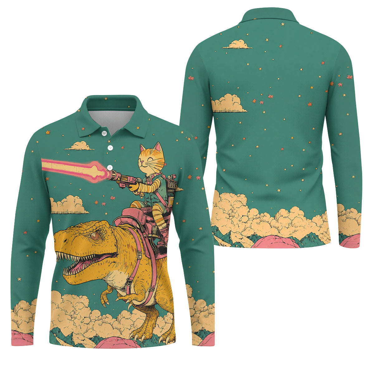 Laser Cat Dinosaur Golf Shirt, Retro Sci Fi T Rex Adventure Pattern, Golf Shirt For Men