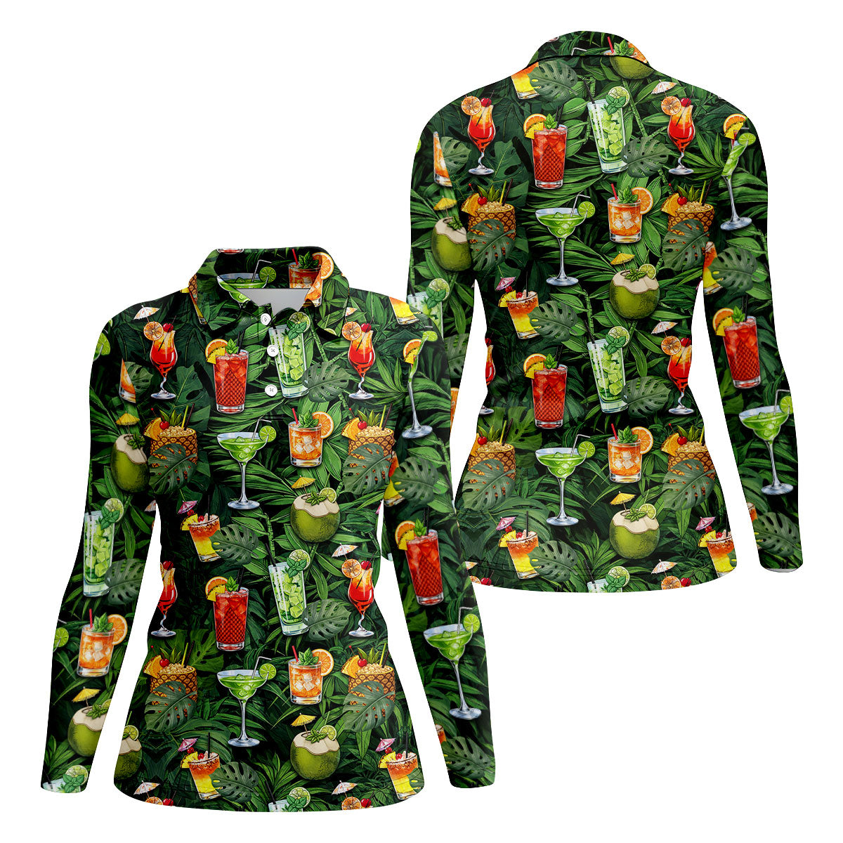 Tropical Cocktail Coconut And Palm Leaf Golf Polo, Hawaiian Golf Shirt, Golf Polo For Women