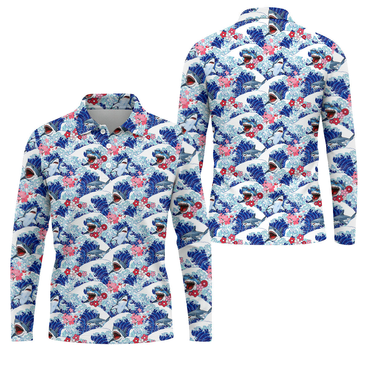 Japanese Shark Wave Sakura Golf Shirt, Mens Golf Polo, Printed Golf Shirts, Golf Apparel For Men