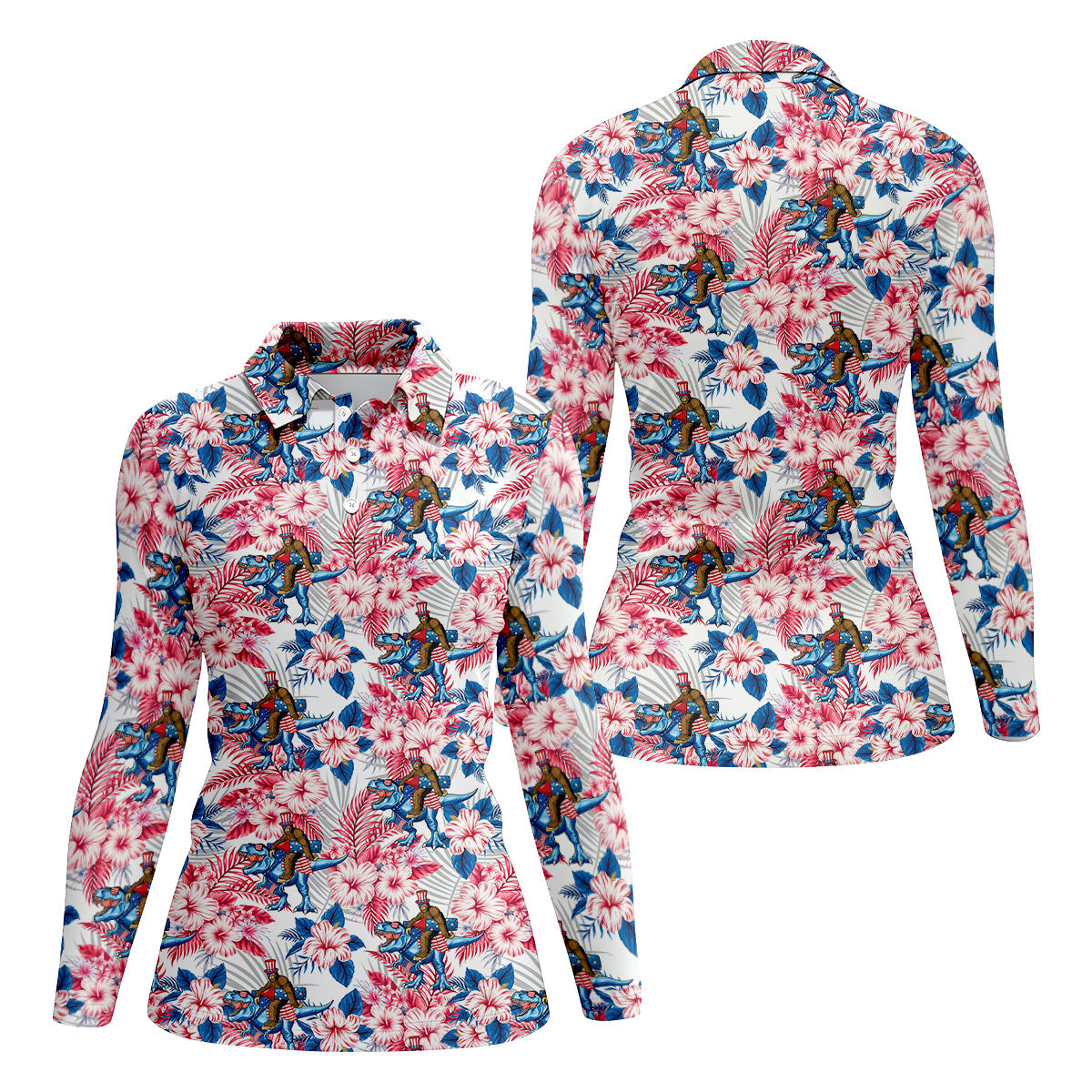Patriotic T-Rex Bigfoot Hawaiian Floral Golf Shirt, 250 Years 4th Of July Golf Shirt For Women