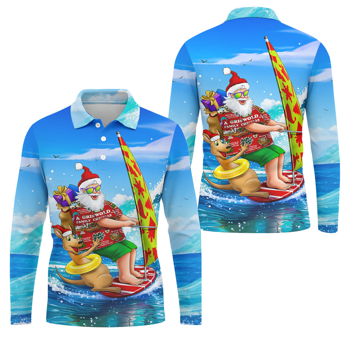 Santa And Reindeer Beach Surfing Christmas Golf Shirt, Men's Golf Shirt, Hawaiian Golf Shirt