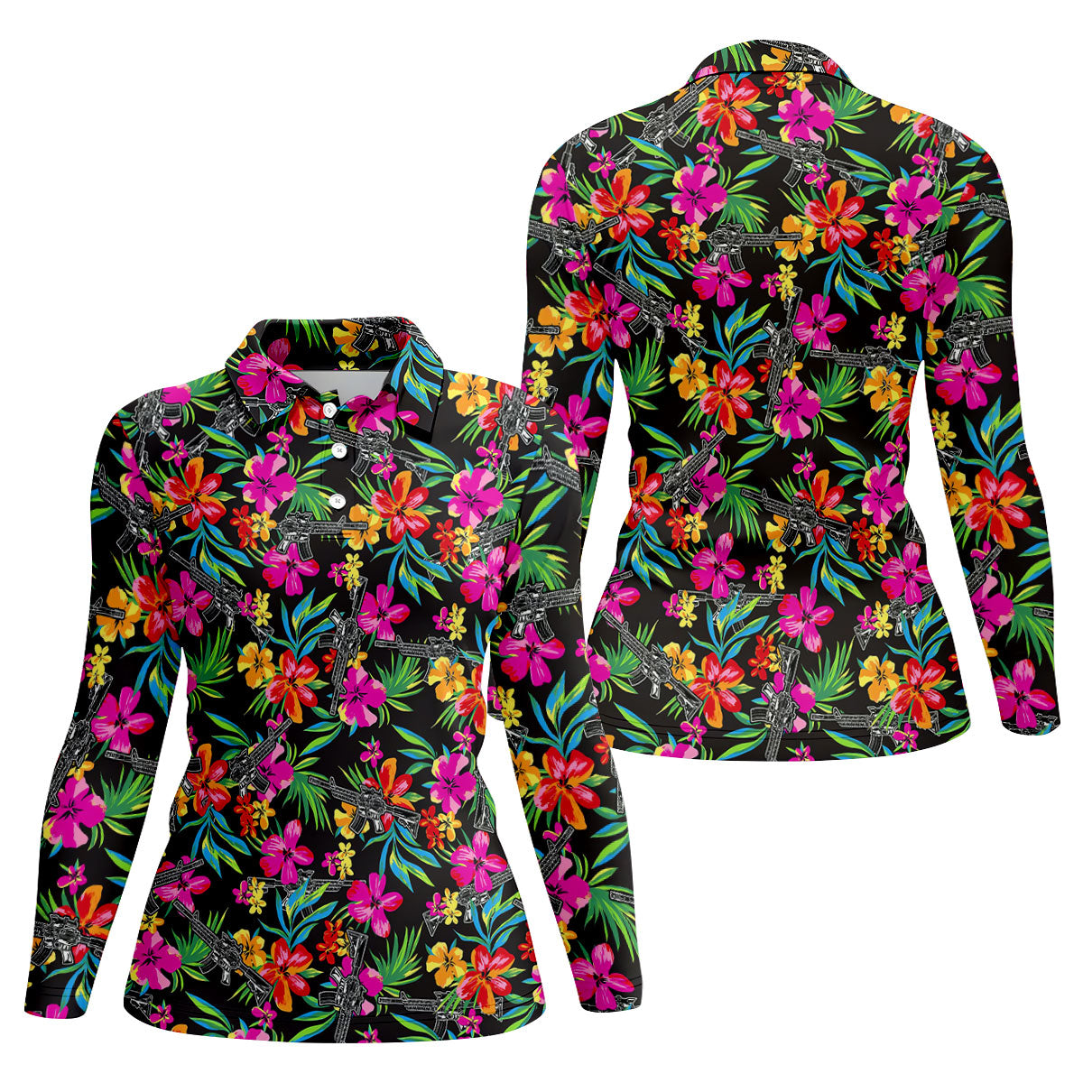 Black Tropical Floral Rifle Pattern Golf Polo Shirt, Golf Shirts For Women, Women's Golf Polo