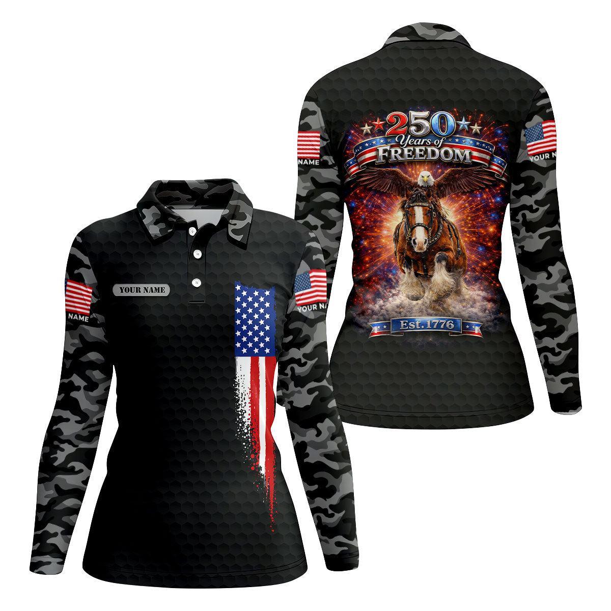 250 Years Of Freedom Black Camo Patriotic Golf Shirt, 4th Of July Golf Shirt For Women