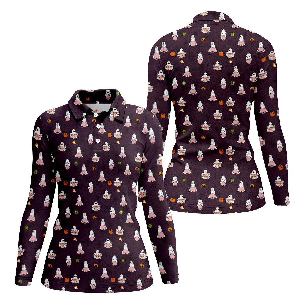Cute Ghost Butt Halloween Pattern Golf Polo Shirt, Womens Golf Tops, Ladies Golf Shirts