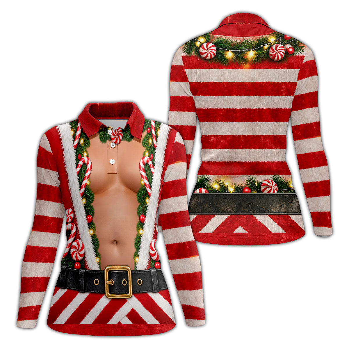 Christmas Candy Cane Santa Suit Polo Shirt, Ladies Golf Top, Women’s Golf Apparel