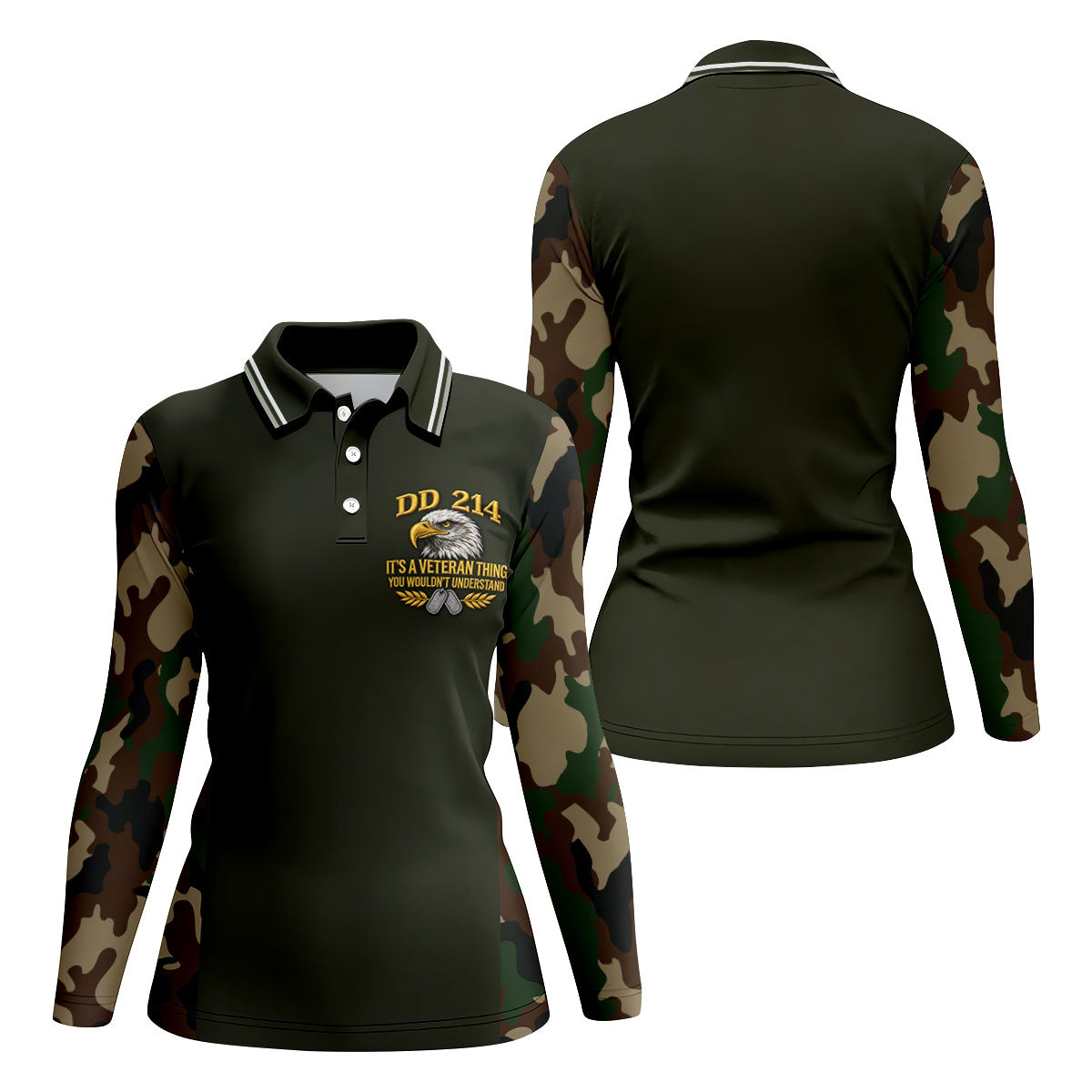 DD-214 Eagle Olive Green Camo Polo Shirt, Womens Golf Shirts, Veterans Day Golf Shirt