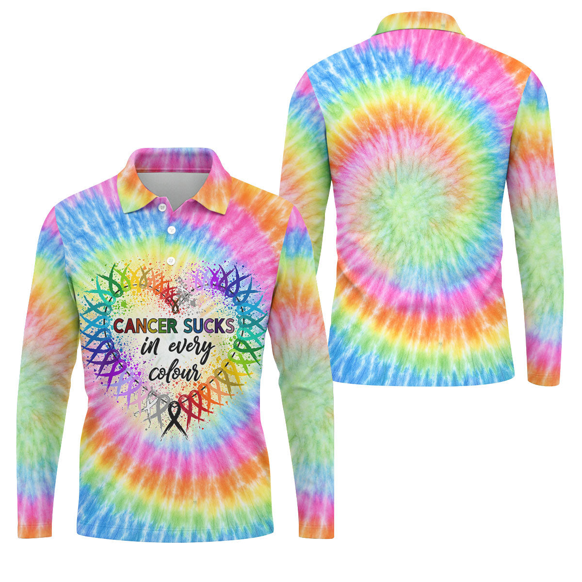Cancer Sucks In Every Colour Tie Dye Ribbon Polo Shirt, Men's Golf Shirt, Mens Golf Polo