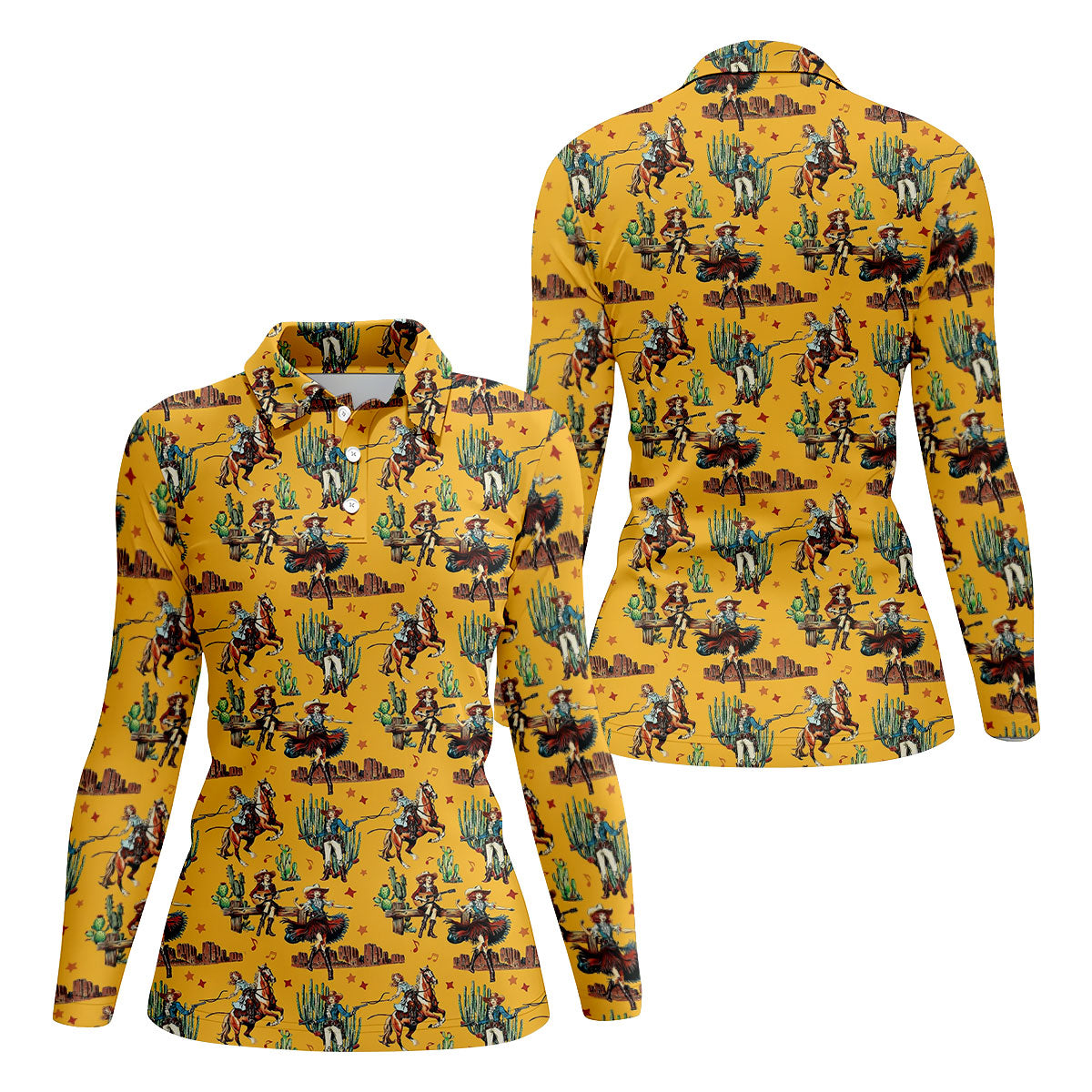 Yellow Cowboy Rodeo Desert Western Hawaiian Golf Shirt, Women's Golf Tops, Golf Polo For Women