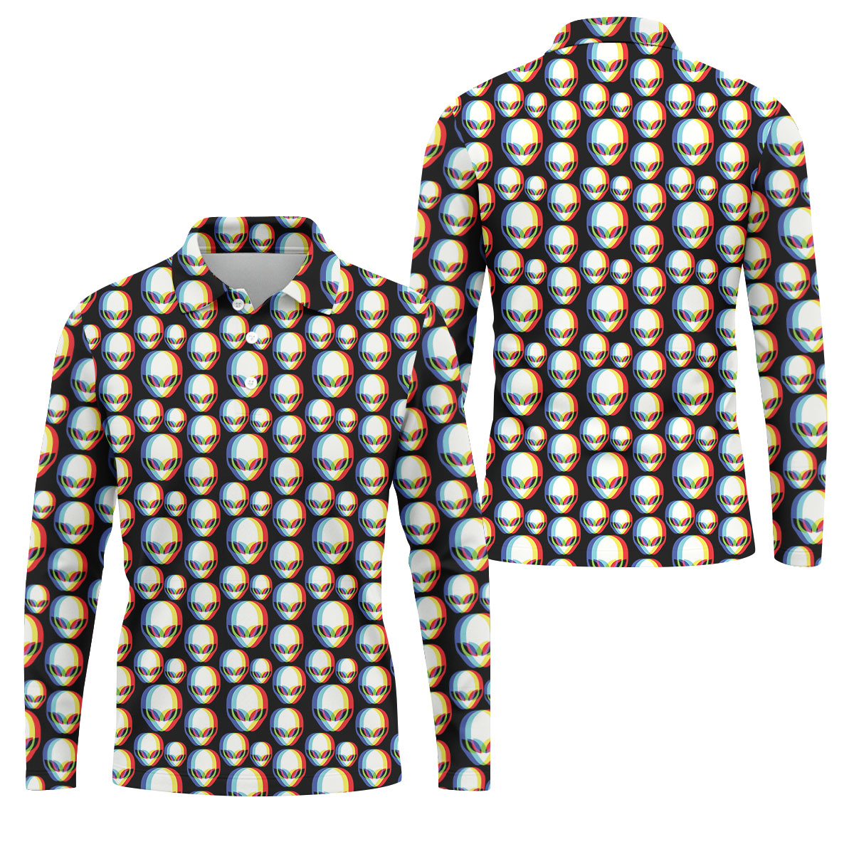 Retro Alien Golf Shirt, Black UFO Pattern Men's Golf Polo, Polo Shirts For Men