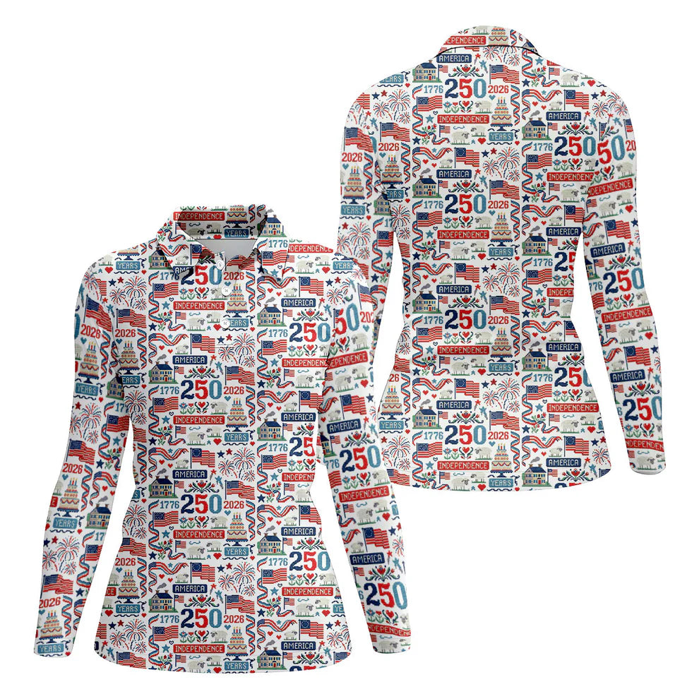 America Independence 250 Years White Golf Shirt, Patriotic 4th Of July Golf Shirt For Women