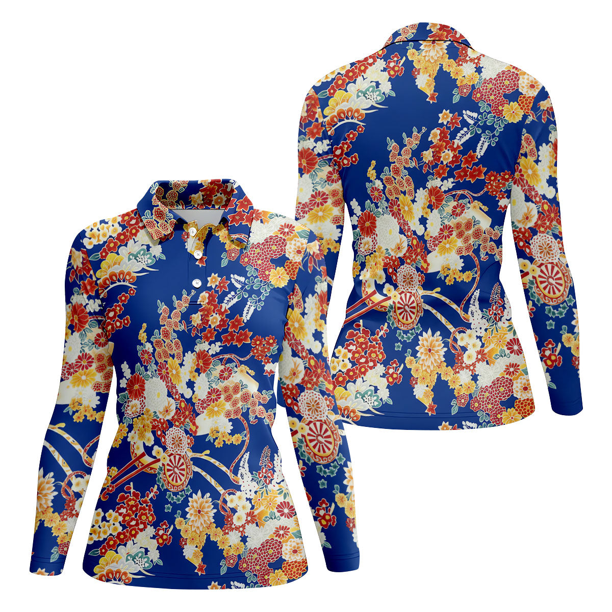 Royal Blue Japanese Floral Pattern Golf Shirt, Women’s Golf Polo, Ladies Golf Tops