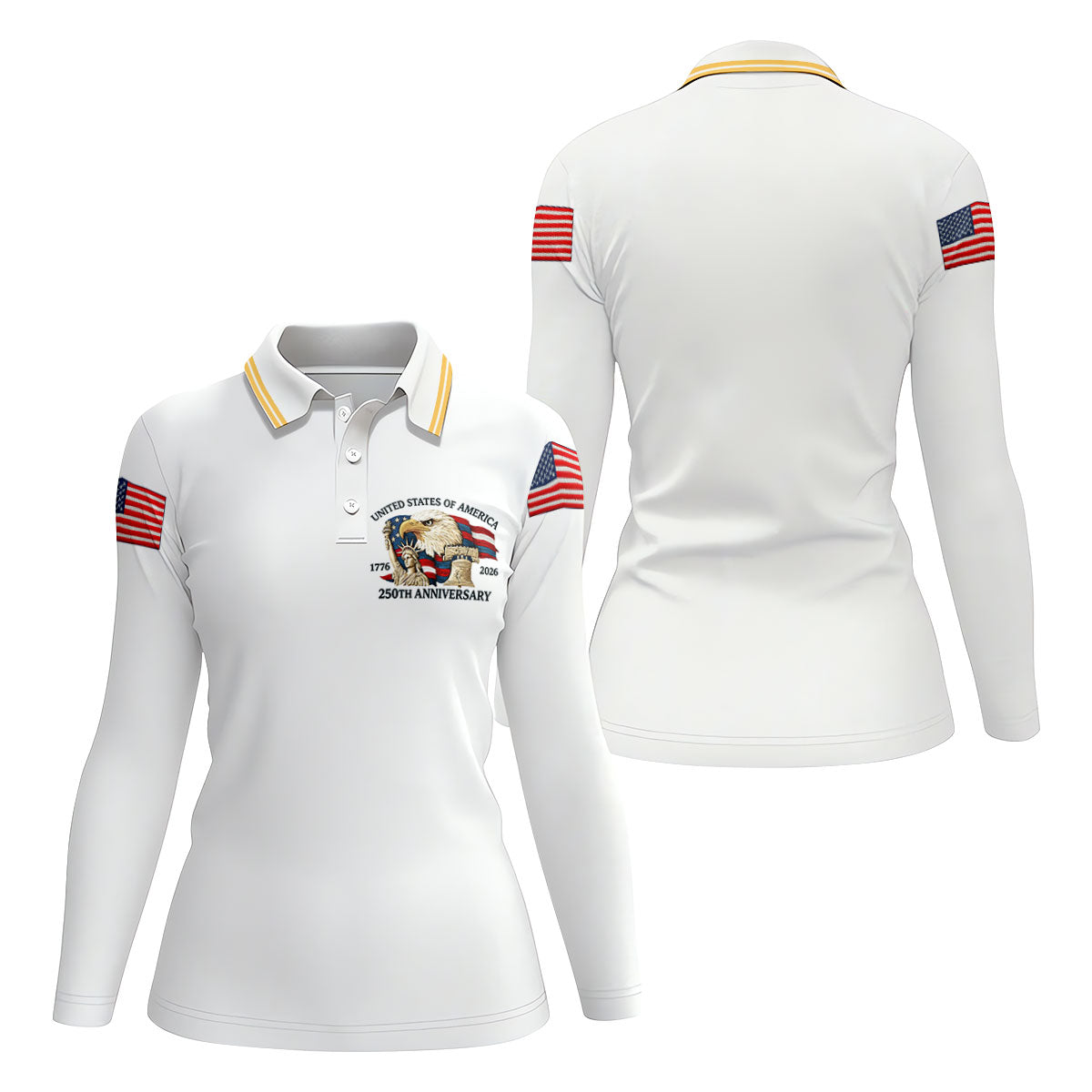 Bald Eagle American Flag 250 Years White Golf Shirt, Patriotic 4th Of July Golf Shirt For Women