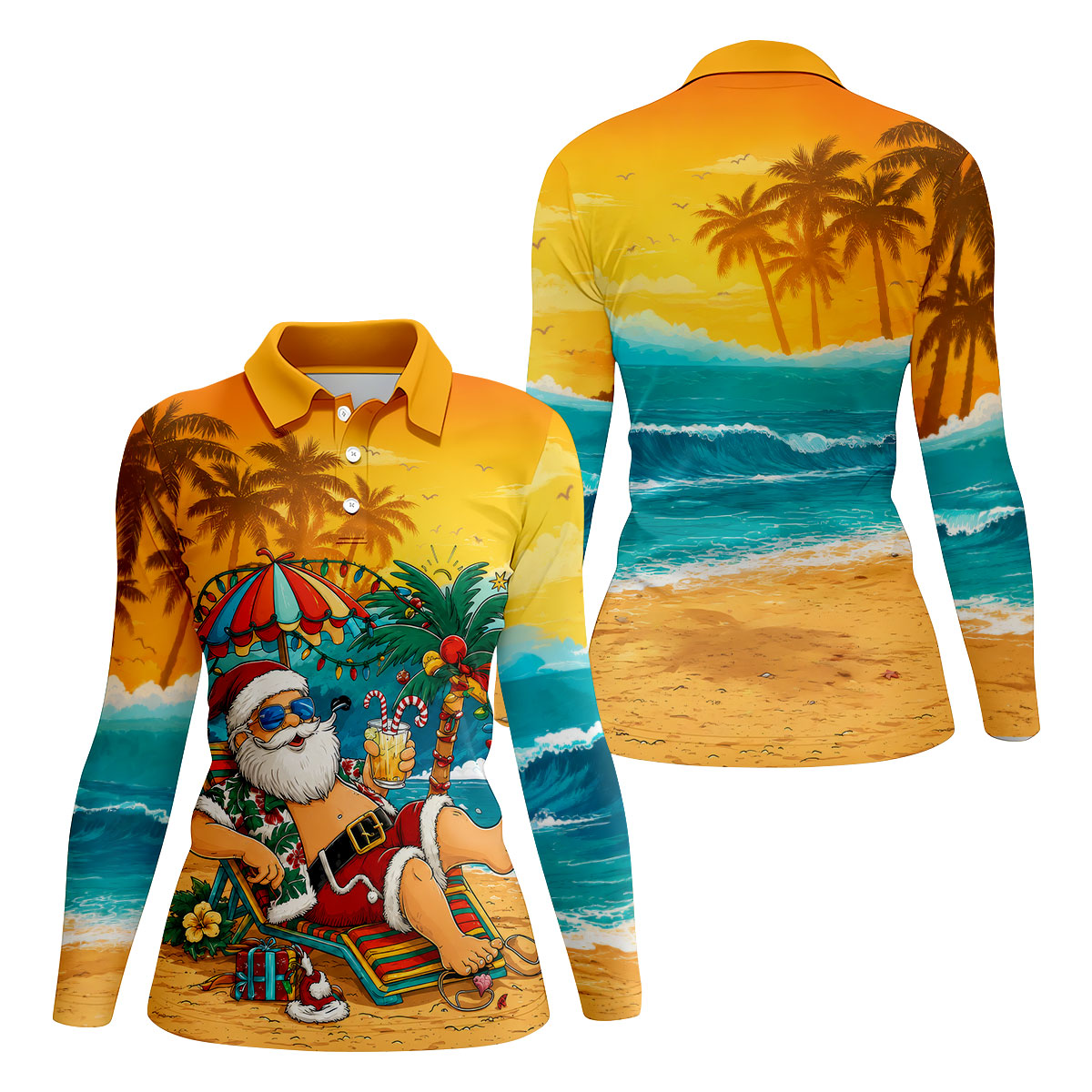 Beach Chair Santa Christmas Golf Shirt, Women's Golf Tops, Hawaiian Golf Shirt, Golf Shirts For Women