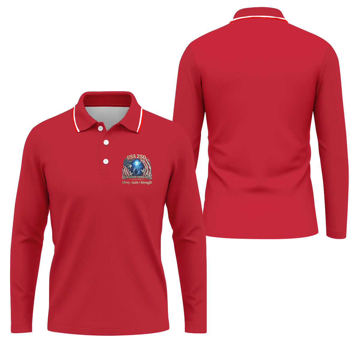 One Nation Under God Faith Cross USA 250 Logo Red Golf Shirt, 4th Of July Golf Shirts For Men