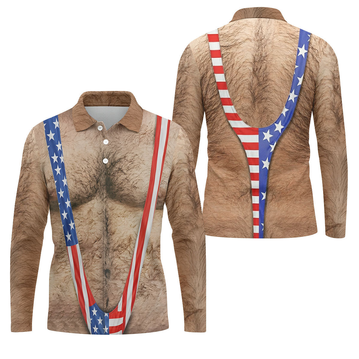 Hairy Body Funny Print Patriotic Golf Shirt, 250th Anniversary 4th Of July Golf Shirts For Men
