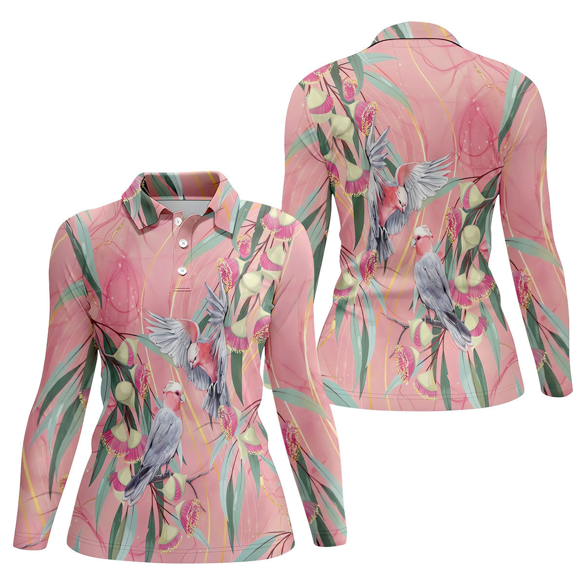 Pink Cockatoo Eucalyptus Floral Polo Shirt, Hawaiian Golf Shirt, Golf Tops For Women