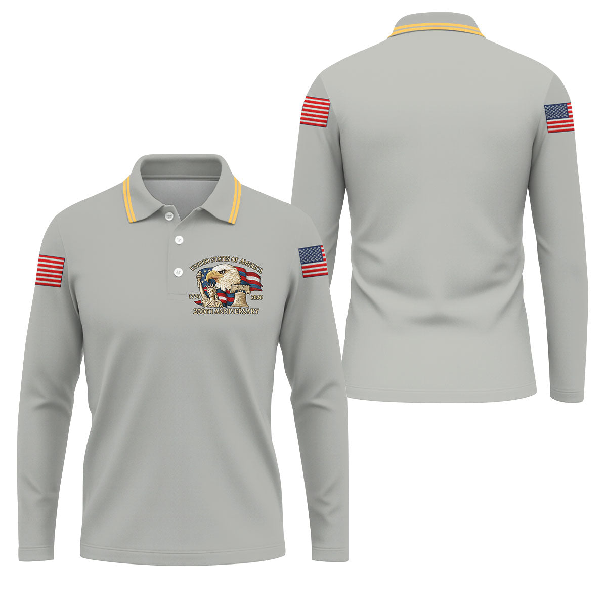 Bald Eagle American Flag 250 Years Grey Golf Shirt, Patriotic 4th Of July Golf Shirts For Men