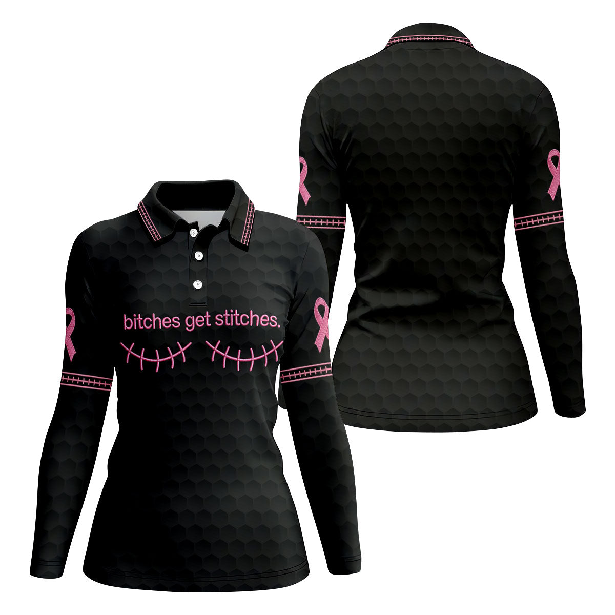 Bitches Get Stitches Breast Cancer Polo Shirt, Ladies Golf Shirt, Women's Golf Tops