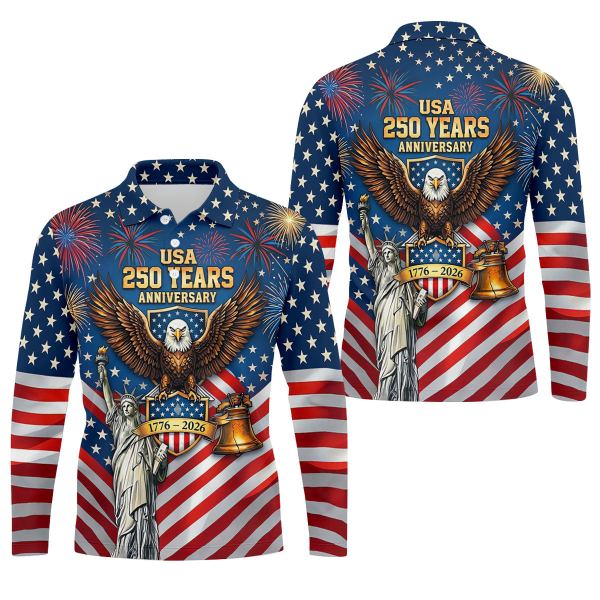 USA 250 Years Stars And Stripes Bald Eagle Golf Shirt, Patriotic 4th Of July Golf Shirts For Men