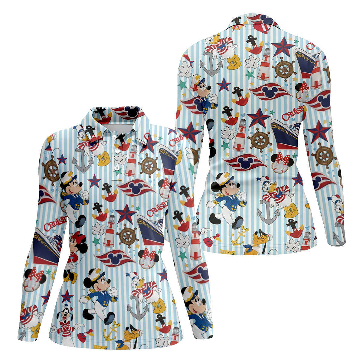 Nautical Cruise Cartoon Pattern Golf Polo Shirt, Womens Golf Tops, Ladies Golf Shirt