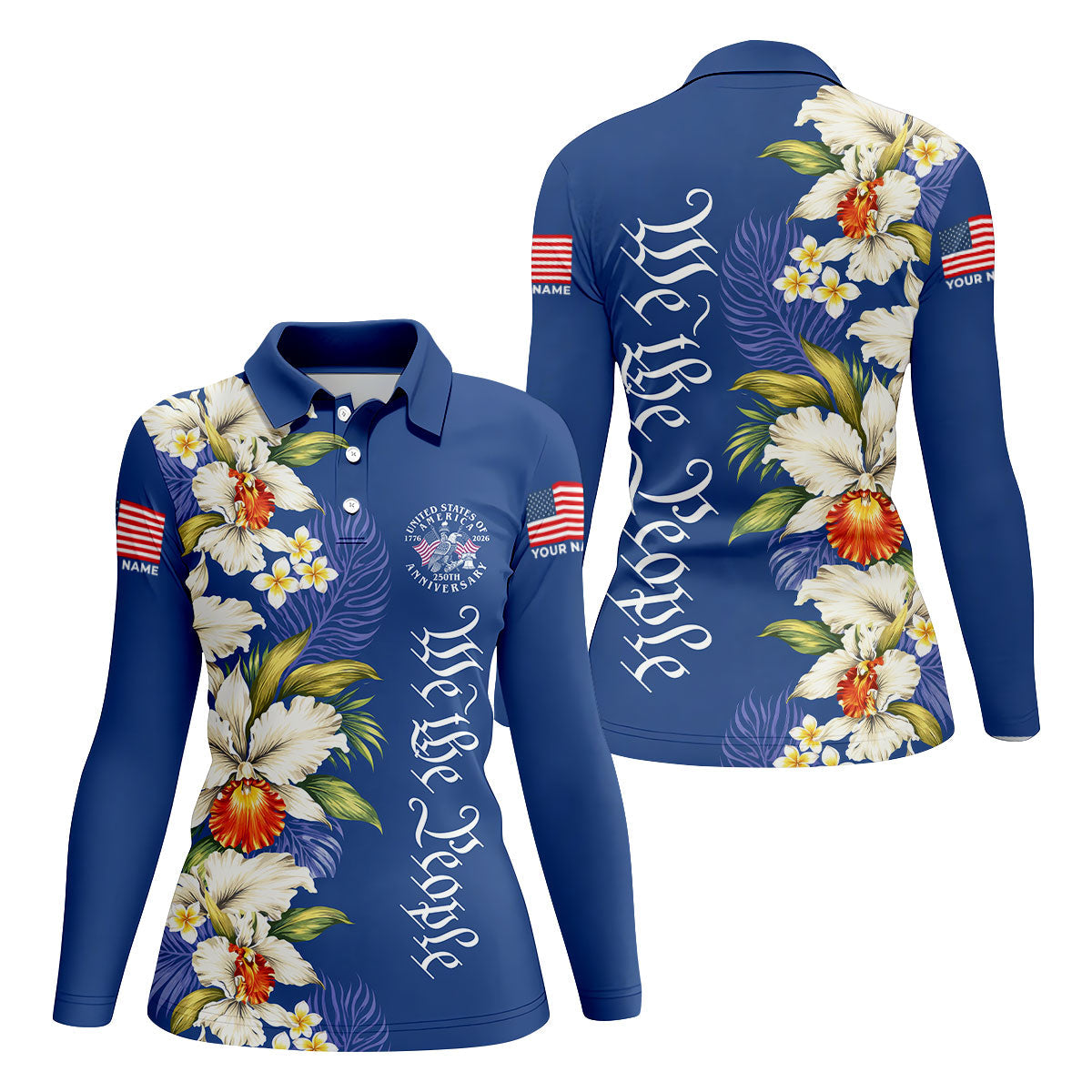 We The People Floral Pattern US Flag Golf Shirt, 250 Years 4th Of July Golf Shirt For Women