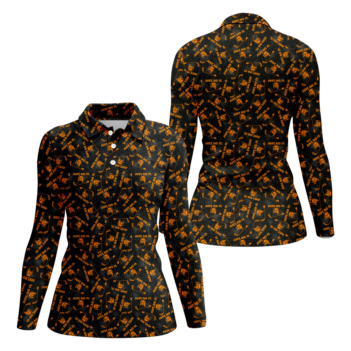 Horror Character Spider Web Pattern Halloween Polo Shirt, Women's Golf Tops, Golf Polo For Women