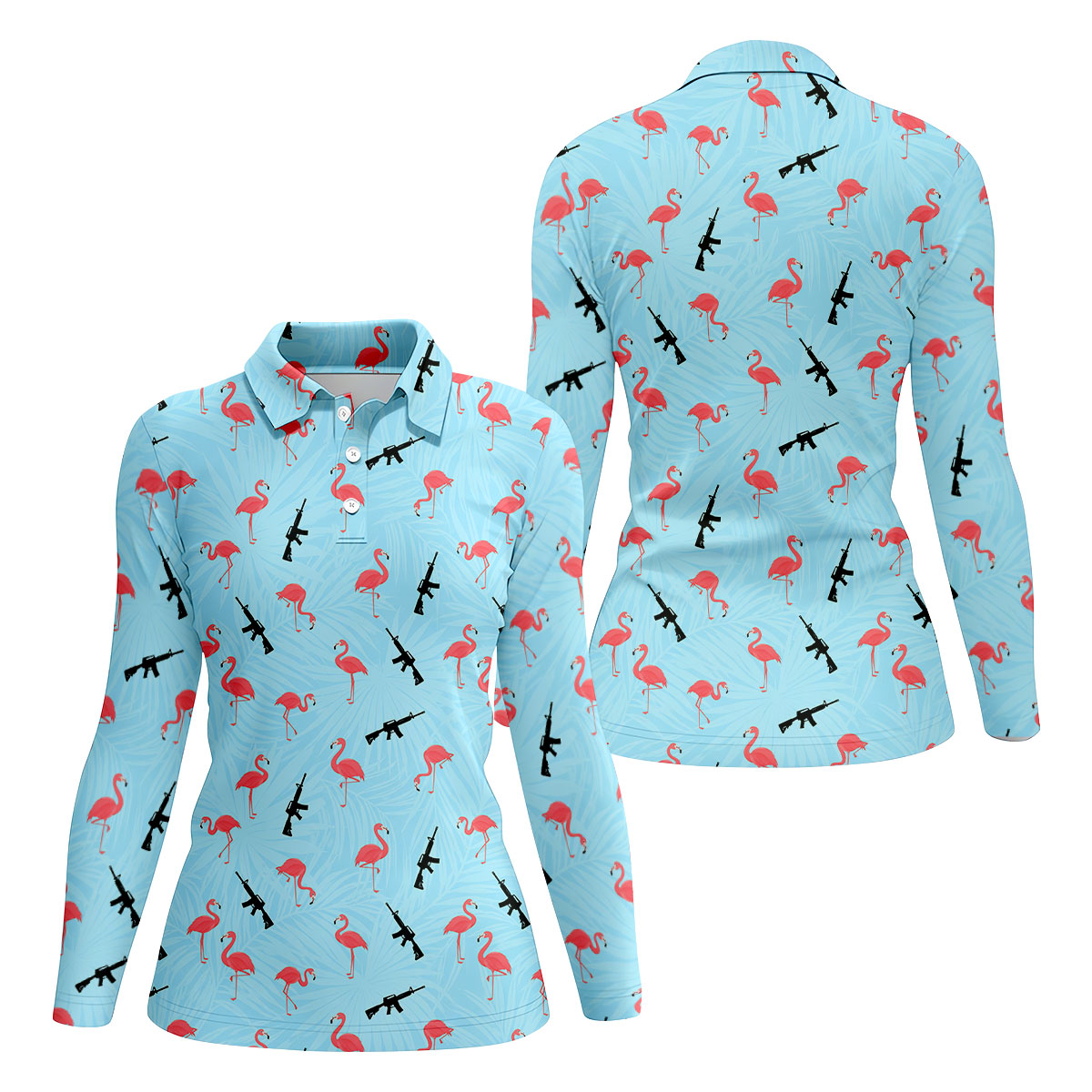 Light Blue Flamingo Pattern Golf Polo Shirt, Golf Shirts For Women, Women's Golf Polo