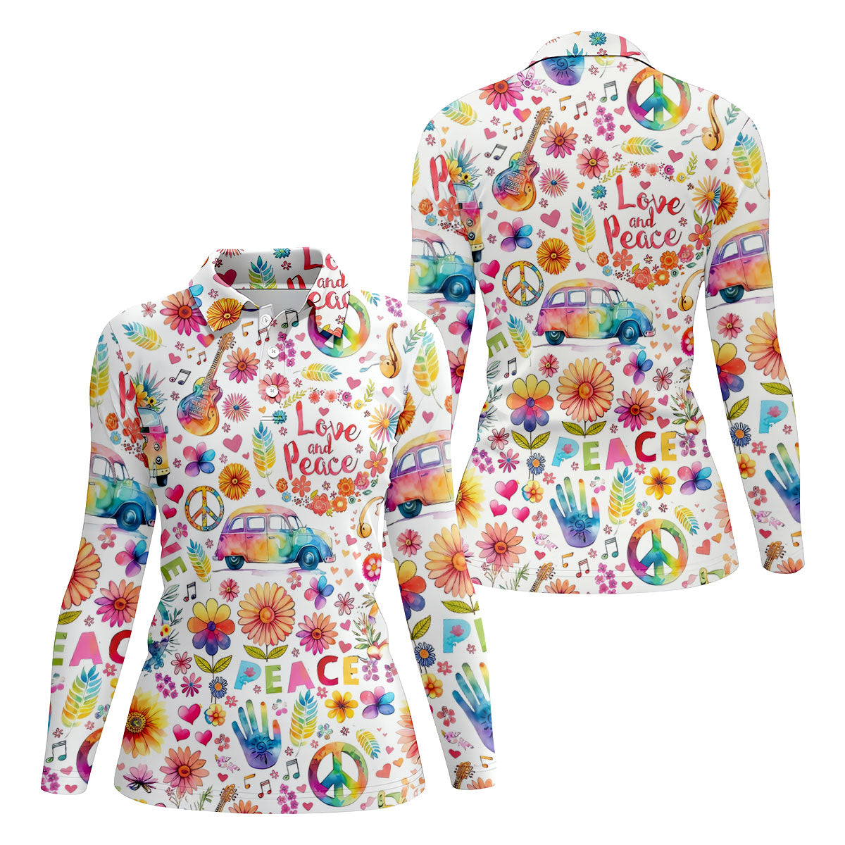 Retro Love Peace Van Floral Hawaiian Golf Shirt, Women’s Golf Tops, Performance Golf Shirt