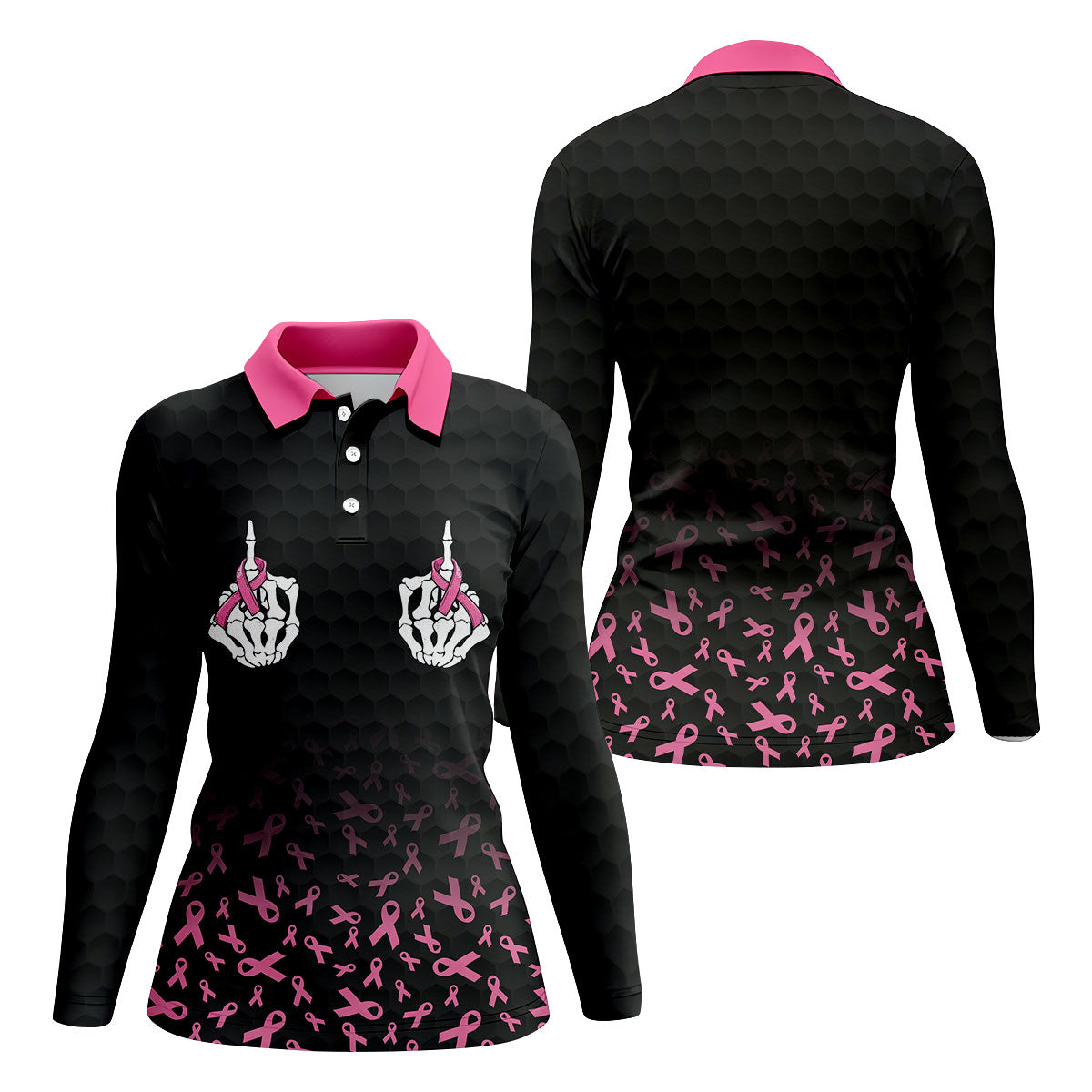 Two Skeleton Middle Fingers Breast Cancer Polo Shirt, Ladies Golf Top, Golf Tops For Women