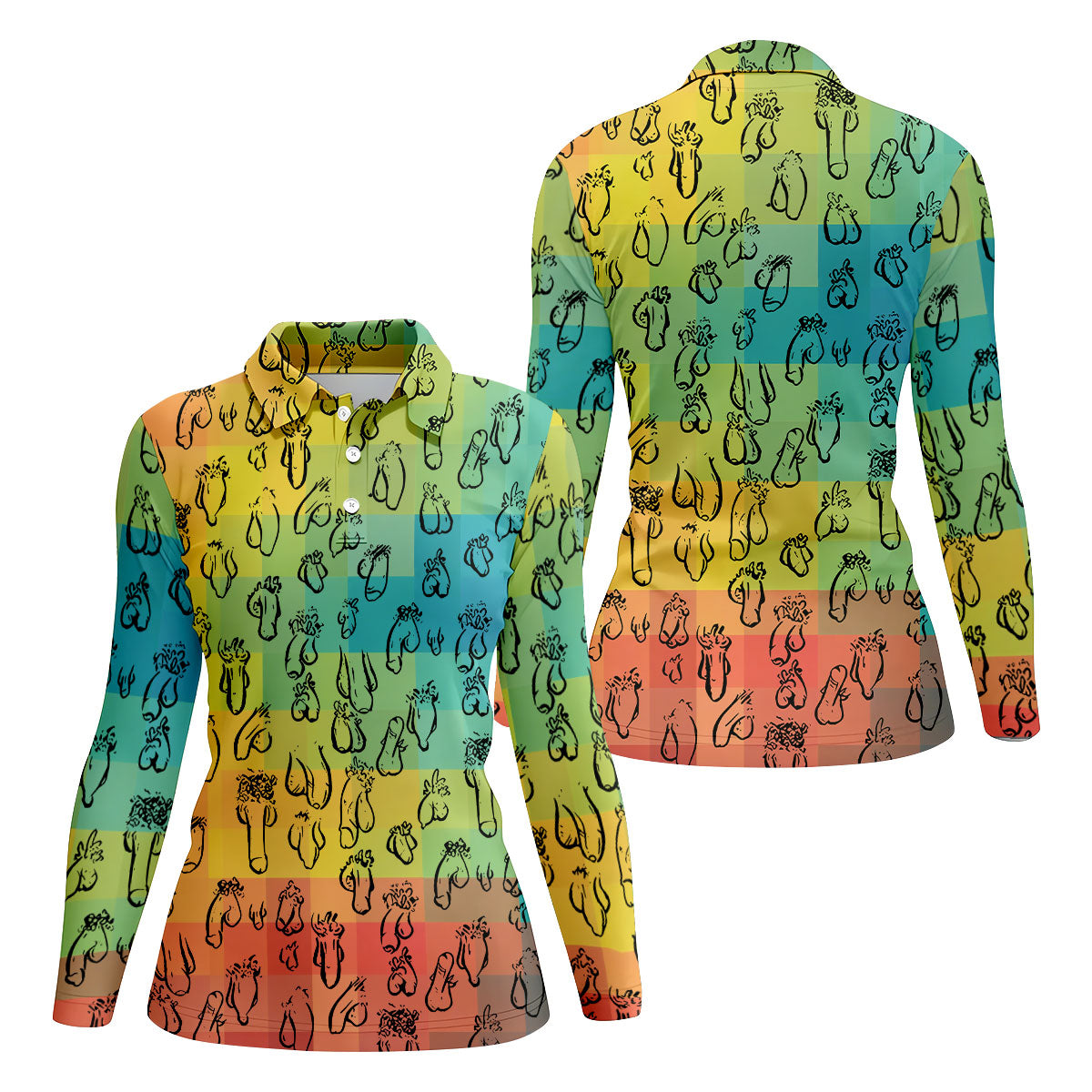 Funny Penis Doodle Color Block Golf Polo Shirt, Women's Golf Polo, Printed Golf Shirt