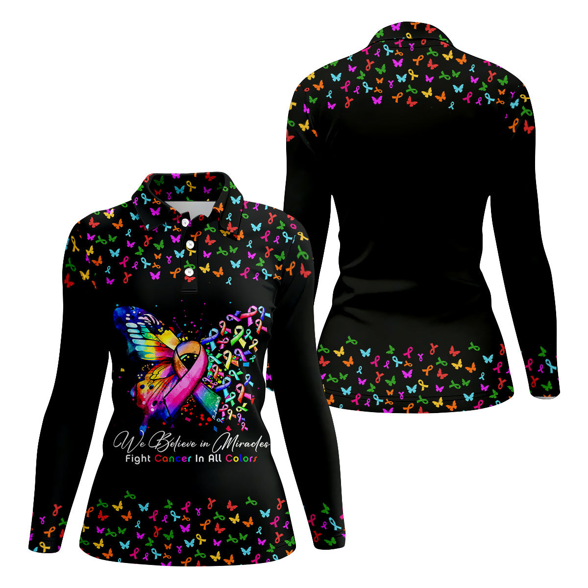 We Believe In Miracles Butterfly Breast Cancer Shirt, Women's Golf Tops, Ladies Golf Top
