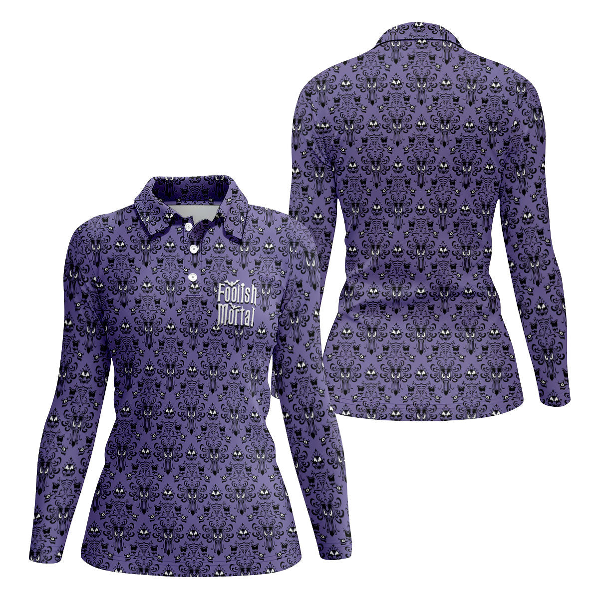 Foolish Mortal Haunted Pattern Golf Polo Shirt, Women's Golf Apparel, Halloween Shirt