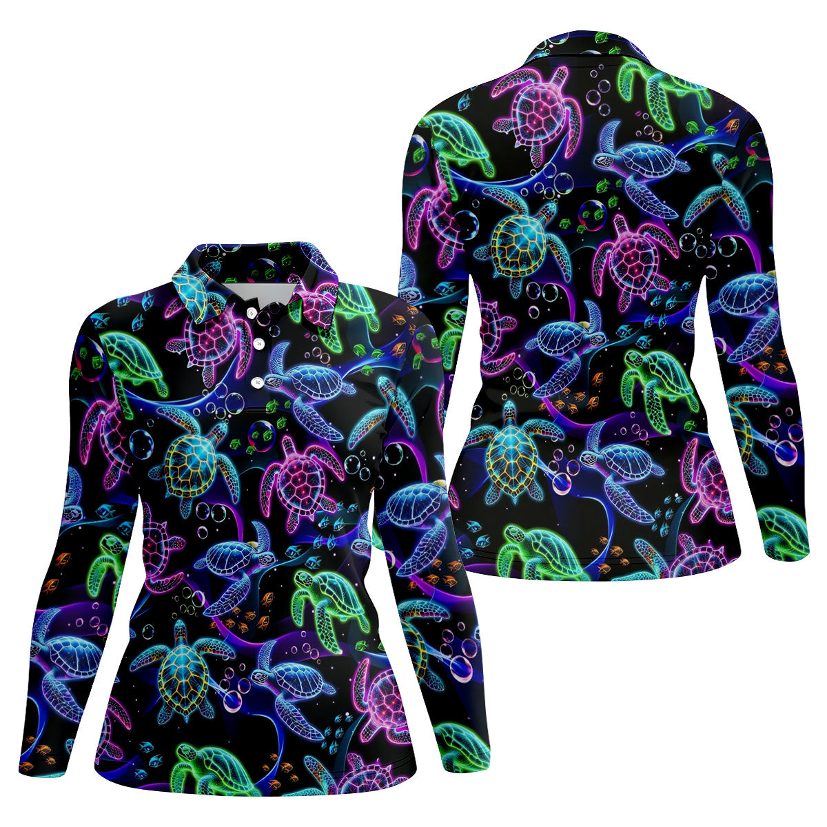 Neon Sea Turtle Ocean Pattern Hawaiian Golf Polo Shirt, Women’s Golf Polo, Ladies Golf Shirts